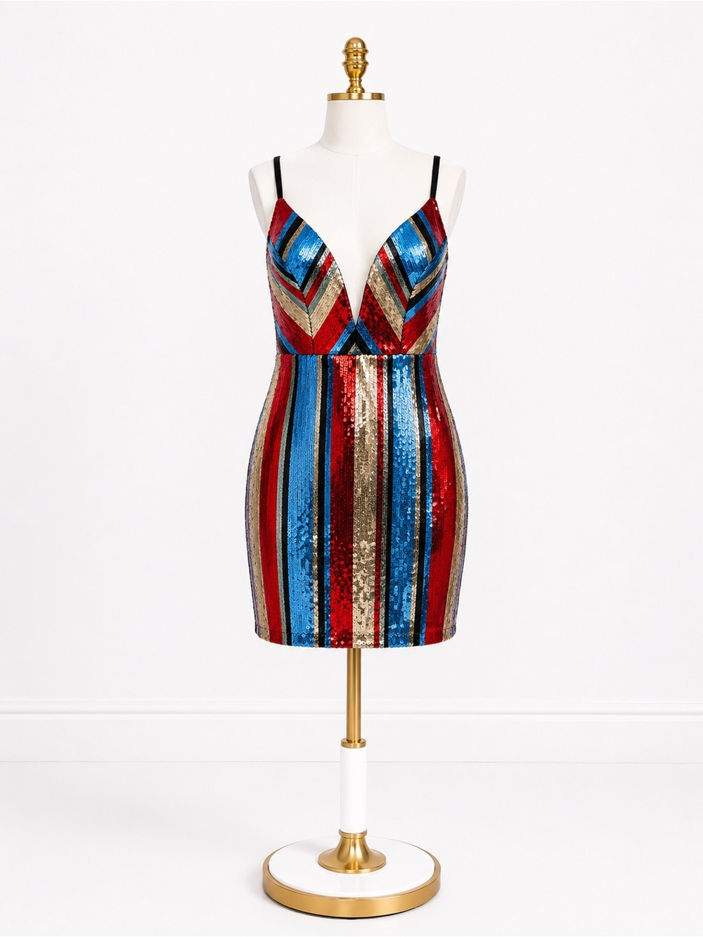 Pink Owl Sequined Striped Plunge Mini Dress - Red Blue Gold